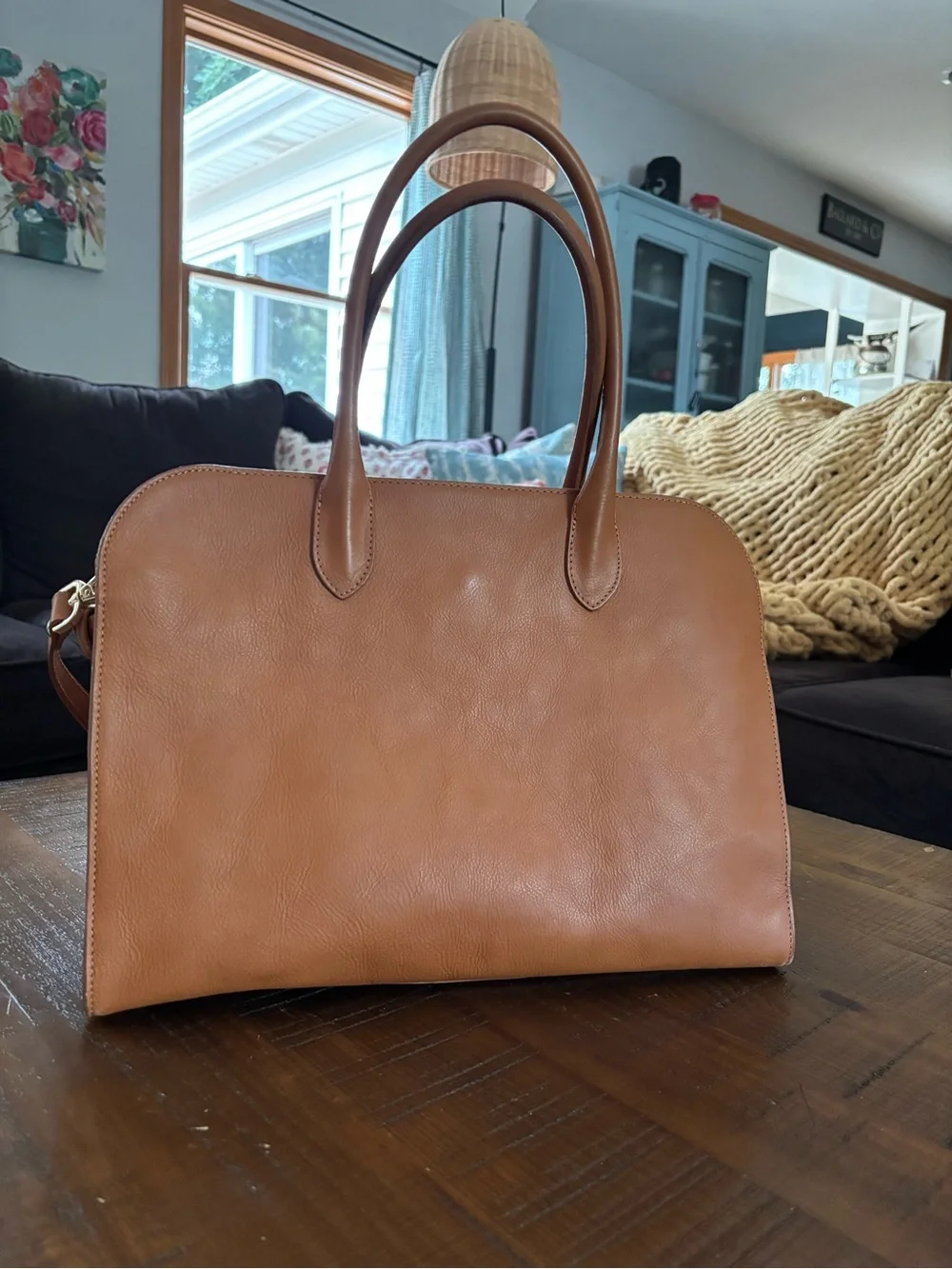 Structured Tan Leather Satchel with Adjustable Strap